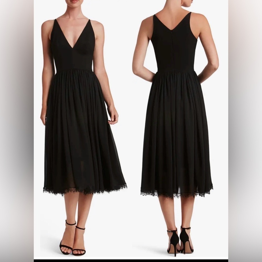 NEW Dress the Population Alicia Chiffon Plunging Mix Media Dress in black sz S